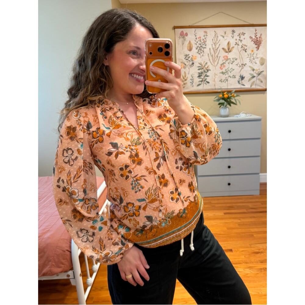 Anthropologie Joie Floral Tassel Woven Floral Peasant Blouse - Peach Small